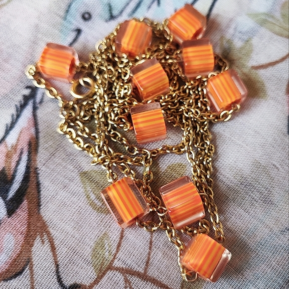 Lucite Ice Cube Orange Square Gold Tone Extra Long Necklace Polymer Millifiore - Picture 1 of 7